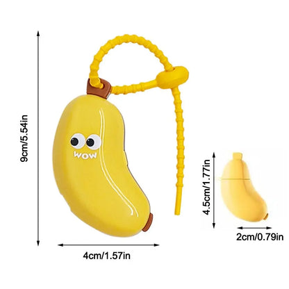 Yellow banana-shaped toy with a strap, showing measurements on a white background