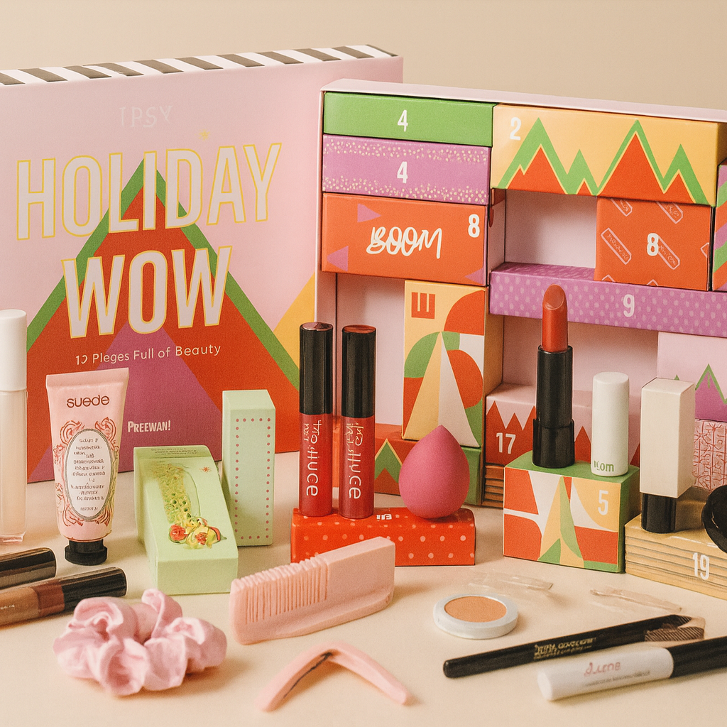 Makeup advent calendar with various beauty products on a beige background